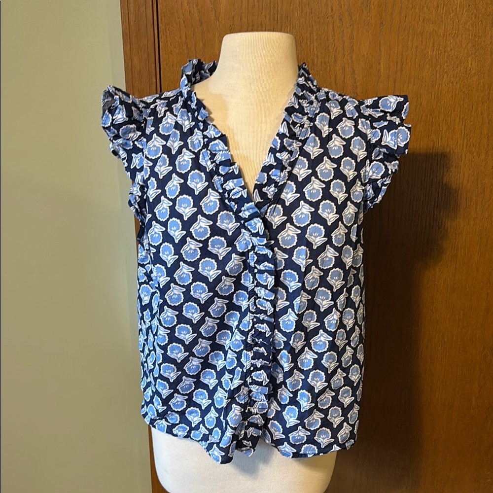 J. Crew Blue Flutter Sleeve Ruffled Blouse